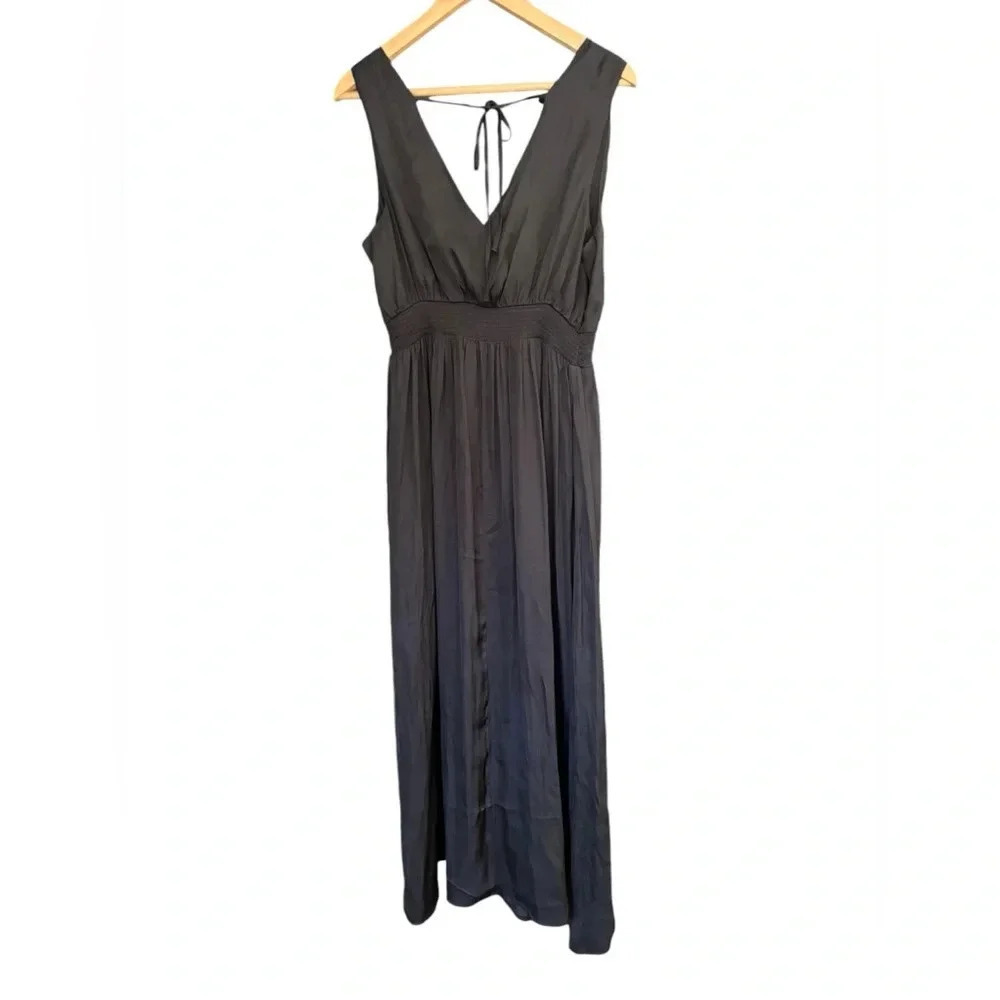NWT Old Navy Women's Black Silky V Neck Elastic Waist Midi Dress Size Large